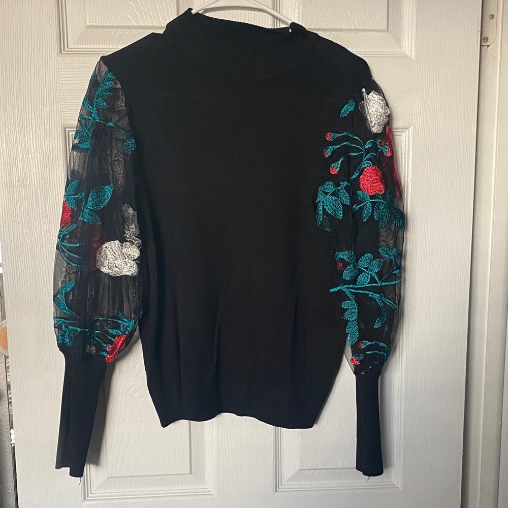 Absolutely Famous Black Sweater with Floral Embroidery